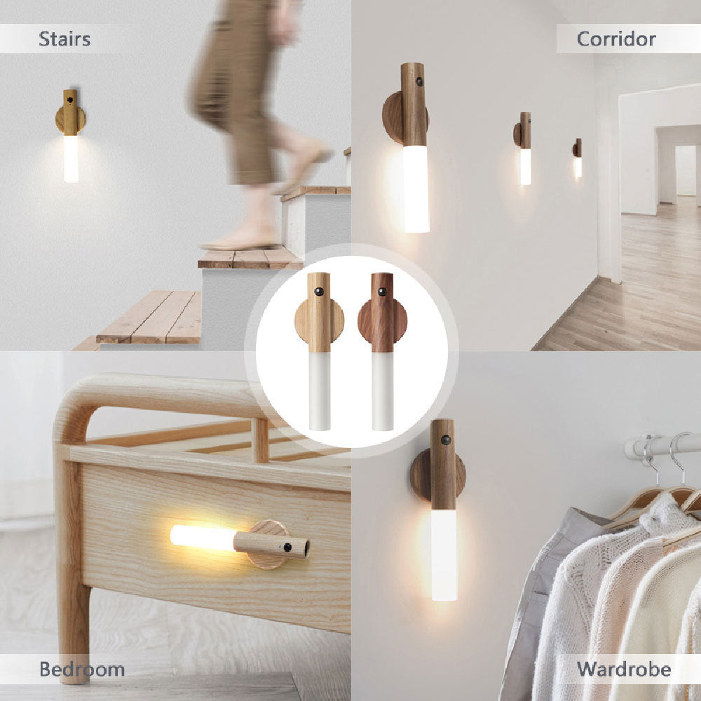Auto LED USB Magnetic Wood Wireless Night Corridors Porch Lights PIR Motion Sensor Wall Light Cabinet Lamp